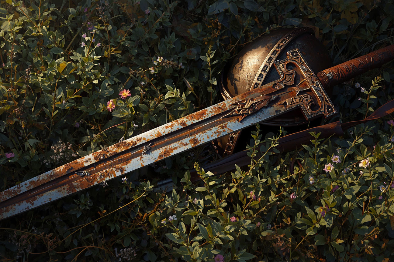 rusty sword in meadow