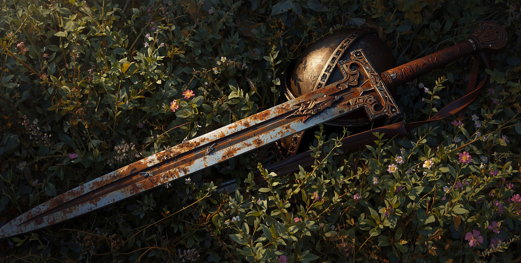 rusty sword in meadow