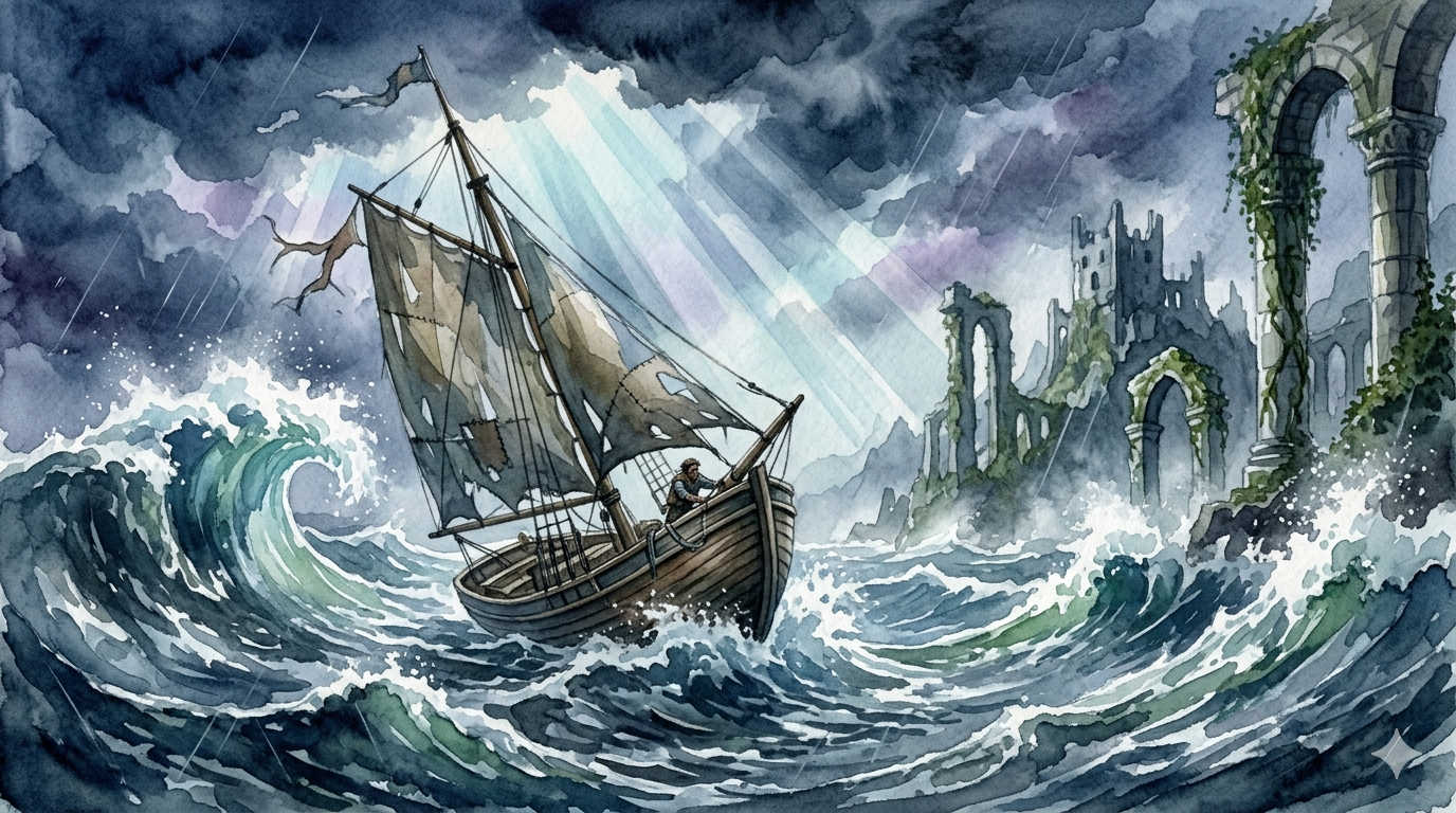 watercolor painting of a sailboat on stormy seas. Gemini AI
